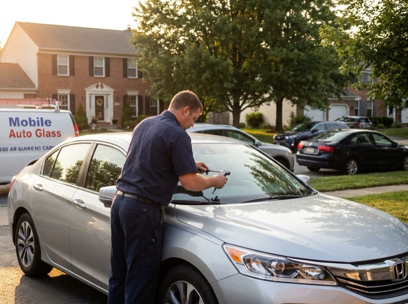 Mobile auto glass technician installing a windshield in a Pennsylvania driveway