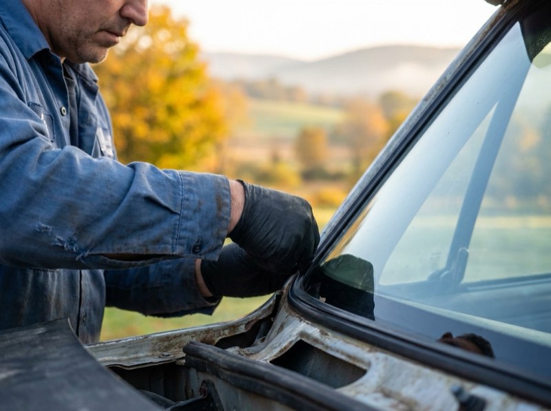 Auto glass technician working on a vehicle windshield with autumn rural Lebanon, PA backdrop