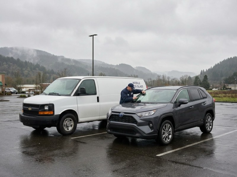 Mobile auto glass service van and SUV in a York, PA commercial parking lot with mountain backdrop